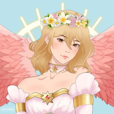 @lameykindaworld (art by @carterakinz on X) Image of woman with blonde hair and pink feathery wings