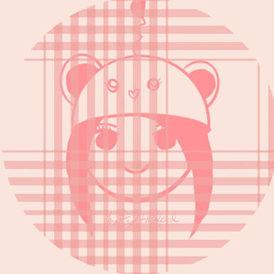 @heartsofthedead A drawn face with an animal hat and pink plaid over the top